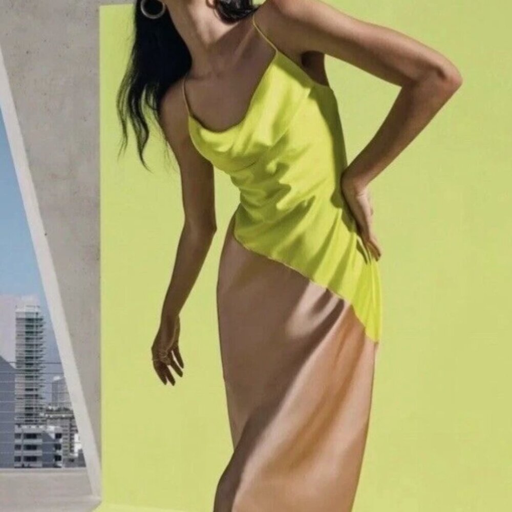 Cushnie X Target Tan and Lime Colorblock Cowl Neck Midi Slip Dress Size 14